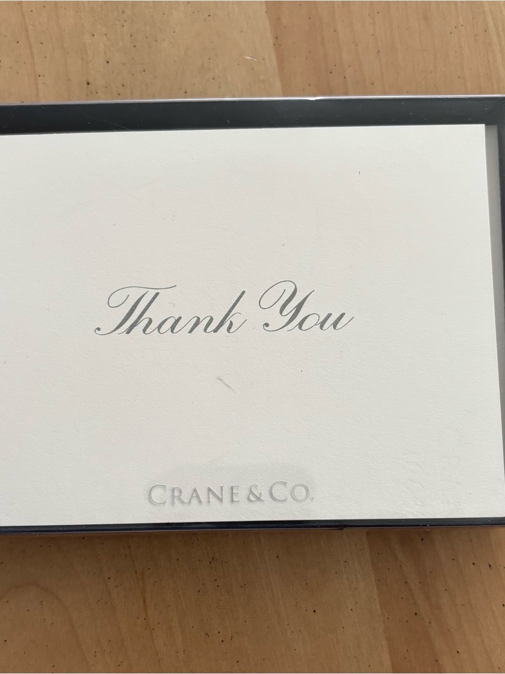 Crane & Co French Blue Script Thank You notes on Pearl White Kid. Box of 10.